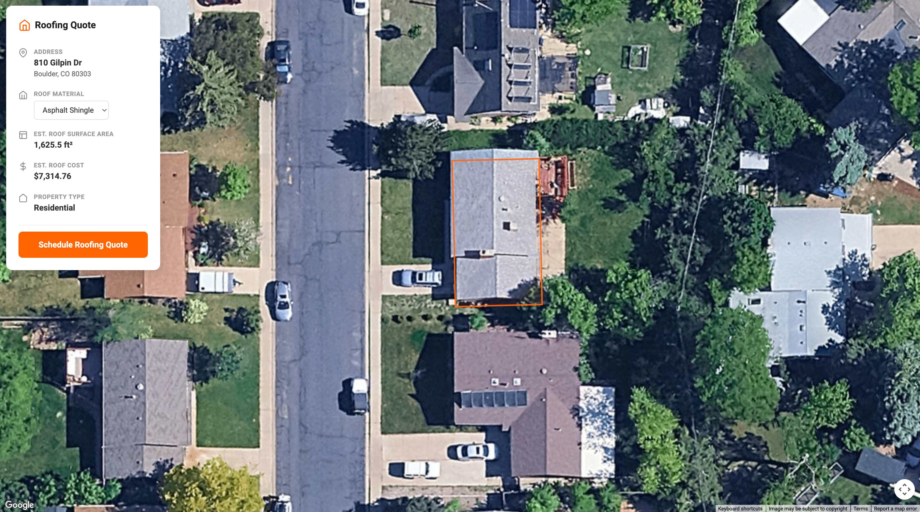 Roof IQ showing satellite view with roofing quote, material options, and estimated cost